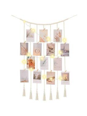 Macrame Hanging Photo Display Boho Wall Decor with String Lights Wooden Beads